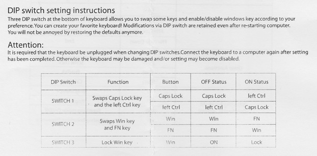 DIP switch instructions and warning.