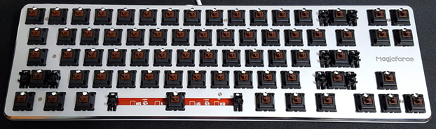 Keycaps removed, showing switches and stabilizers.