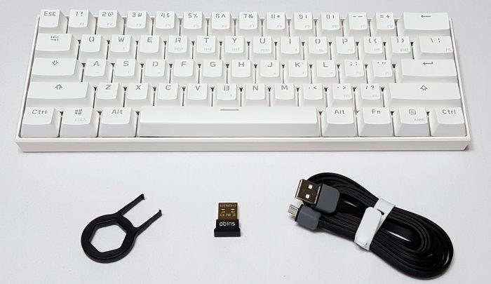Keyboard, keycap puller tool, Bluetooth USB dongle and detachable cable