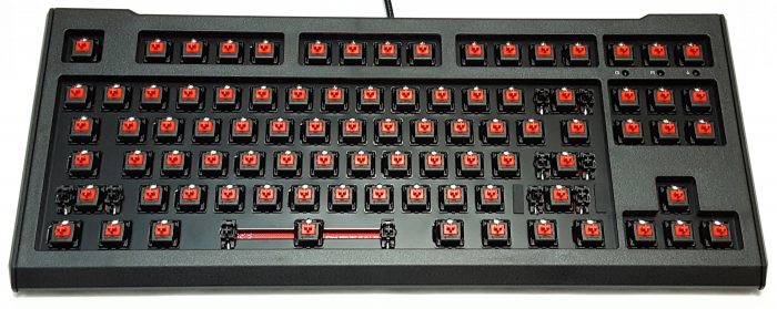 Keycaps removed to show plate mounted (steel backplate) Cherry MX Red switches